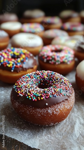 A colorful stack of assorted donuts with sprinkles and powdered sugar against...