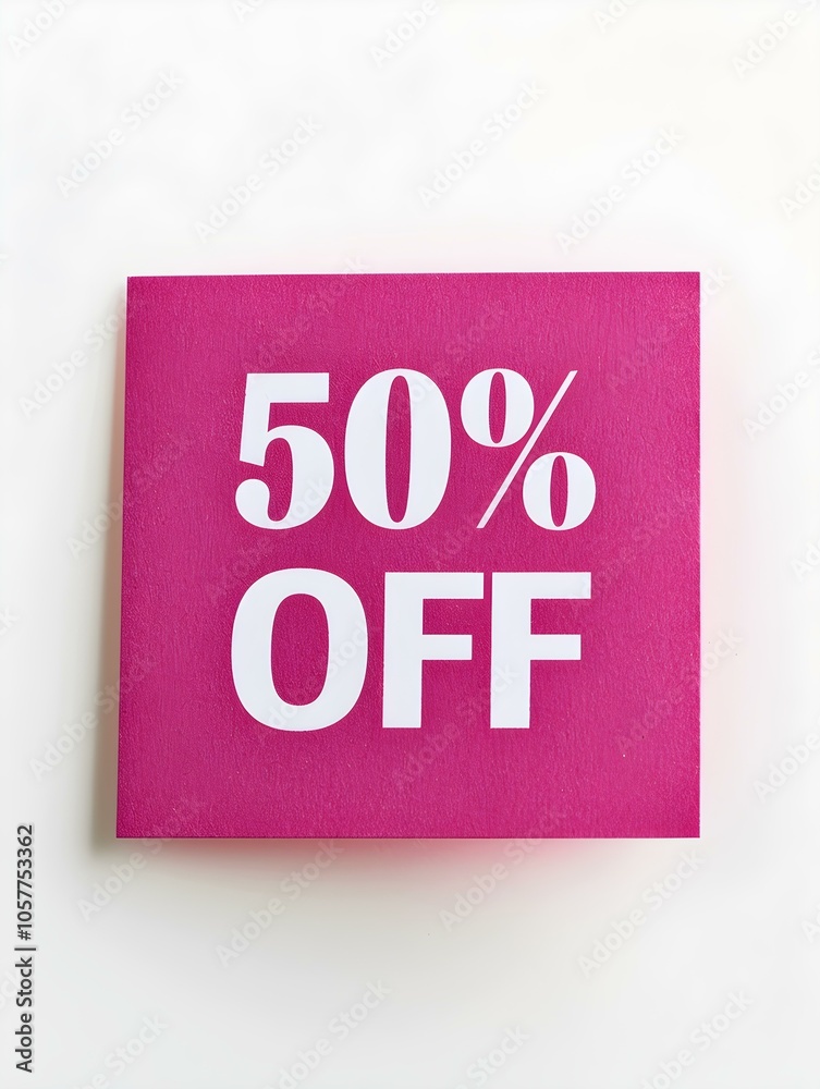 White '50% OFF' Text on a Fuchsia Square Paper Note. White Background White '50% OFF' Text on a Fuchsia Square Paper Note. White Background