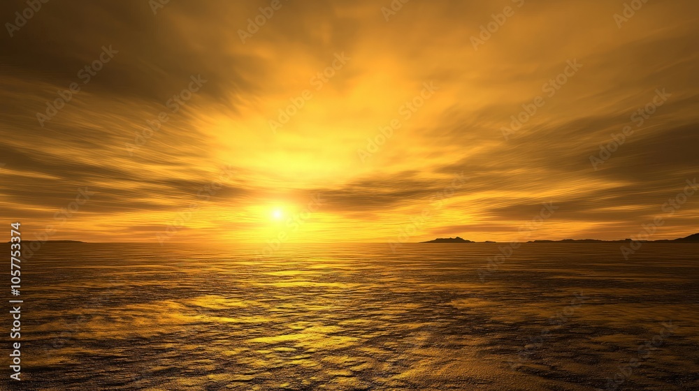 Fototapeta premium A vibrant sunset over a calm body of water. The sky is ablaze with golden hues, reflecting off the water.