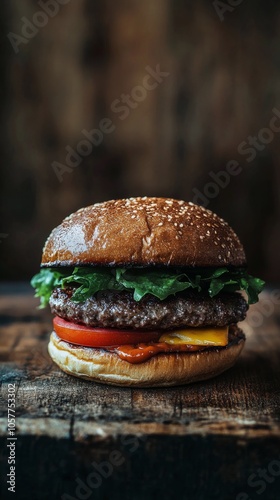Delicious cheeseburger with fresh ingredients on a rustic wooden surface