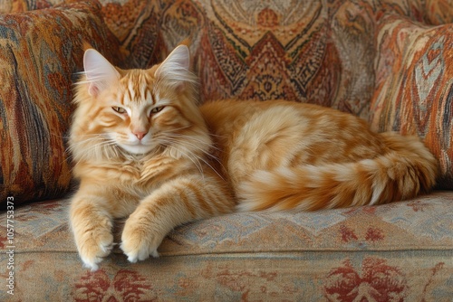 A relaxed orange cat lounging on a patterned couch in a cozy living room setting