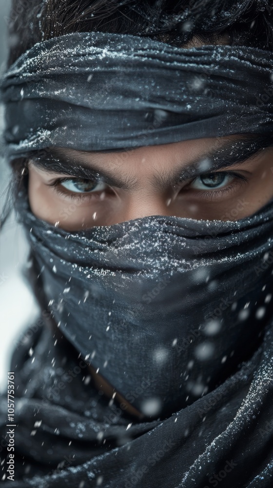A cloaked figure with intense gaze stands amidst falling snow in a winter landscape A cloaked figure with intense gaze stands amidst falling snow in a winter landscape