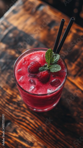 Refreshing berry drink with mint garnish served in a glass on a wooden table