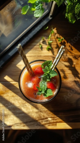 Refreshing berry drink with mint garnish served in a glass on a wooden table