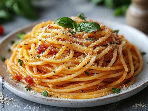 Italian pasta adorned with vibrant tomato sauce, sprinkled with Parmesan and fresh basil, elegantly presented on a white ceramic plate photo