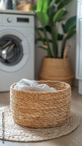 Laundry basket filled with white towels in a bright, modern laundry room duri...
