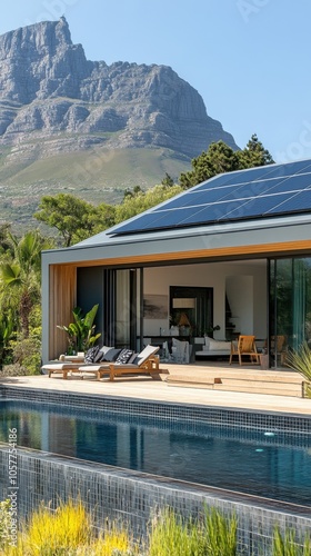 Modern house with glass facade surrounded by trees and a pool on a sunny day