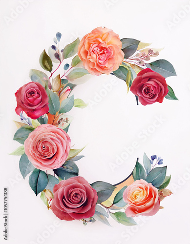 Elegant watercolor roses form letter C. Romantic floral design. photo