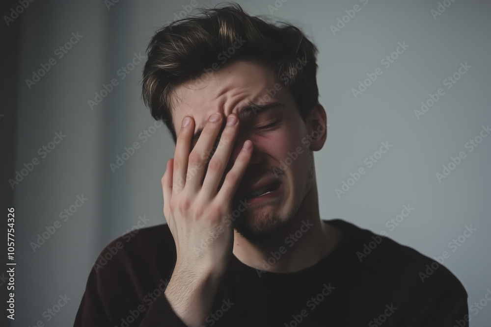 A young man grimaces and holds his face in despair, revealing a deep struggle with his emotions. The soft, muted background enhances the intensity of his feelings. Generative AI A young man grimaces and holds his face in despair, revealing a deep struggle with his emotions. The soft, muted background enhances the intensity of his feelings. Generative AI