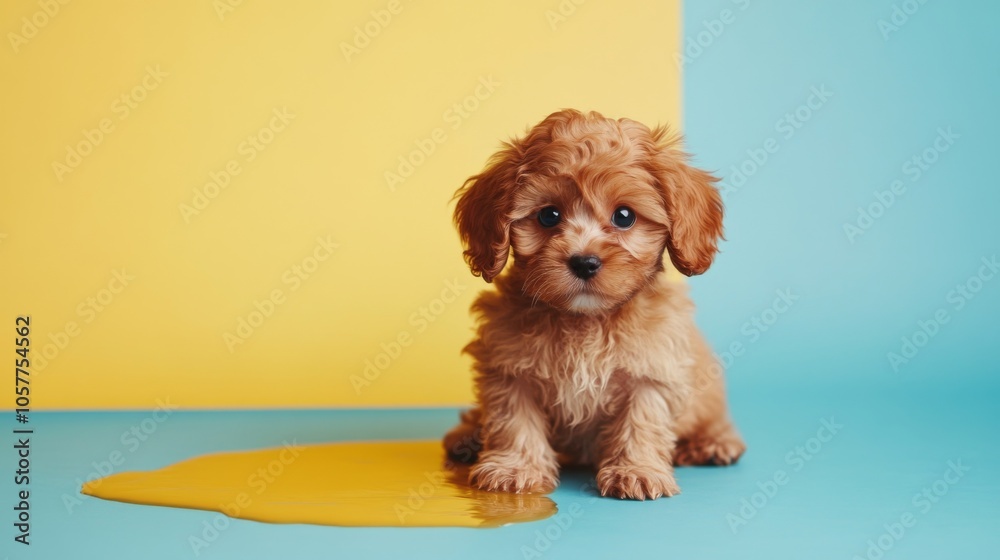 Guilty puppy lying near its urine puddle on light pastel background Guilty puppy lying near its urine puddle on light pastel background