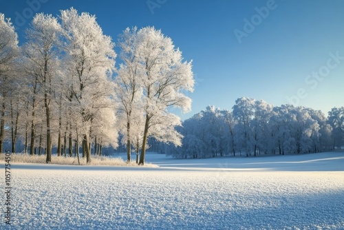 Winter landscape with snow covered trees under a clear blue sky in a serene s...