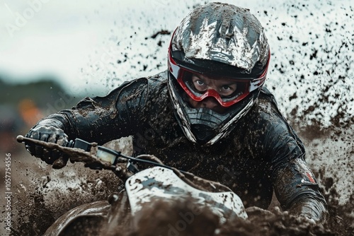 Motocross rider navigating a muddy track during an overcast day in an off roa...