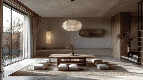 room with a simple wooden table and statement pendant light fixture