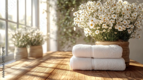 A tranquil bathroom setting with fresh towels and a flower vase in soft after...