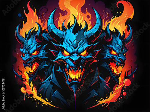 Demonic Creatures Roaming: Fiery & Infernal, Malevolent T-Shirt Design photo