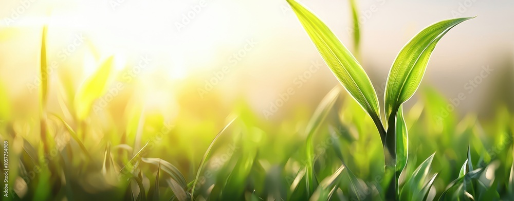 Obraz premium New green sprout growing in sunlight, vibrant and fresh.