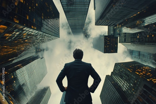 A man gazes up at towering skyscrapers under a dramatic sky in an urban setti...