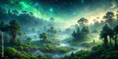 Starry Night Mist A Serene Forest Under a Galaxy of Green and Blue