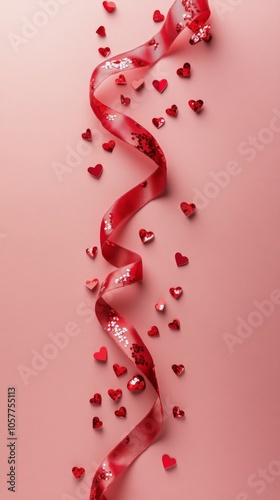 Decorative red hearts and ribbons sprinkled over a soft pink background for c...