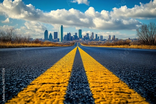 A long road leads towards a cityscape with mountains and bright blue sky in t...