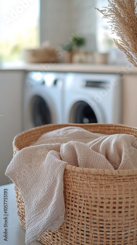 Laundry basket filled with white towels in a bright, modern laundry room duri...