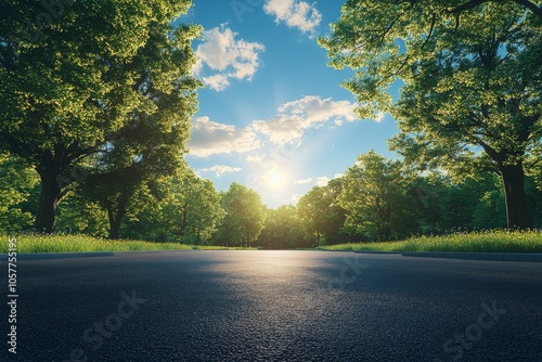 A clear sunny day illuminates a serene empty parking lot surrounded by lush t...