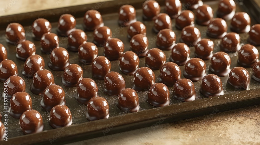 Chocolate balls arranged in rows on a baking sheet. Chocolate balls arranged in rows on a baking sheet.