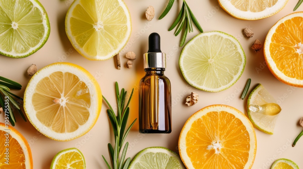 Eco-friendly skincare products with a glass dropper bottle and citrus slices