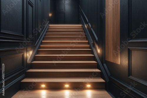 Elegant dark staircase with illuminated steps in a thoughtfully designed inte...
