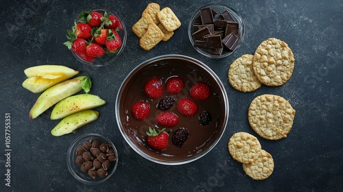 Chocolate fondue with fruit and crackers. photo