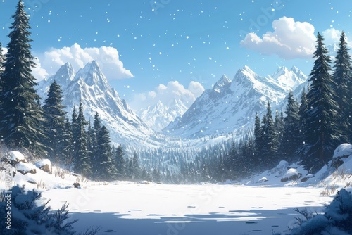 Snow covered mountains under a clear blue sky on a sunny winter day in a tran...