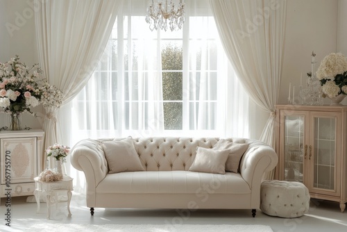 Elegant living room with a grand window and cozy white furniture on a sunny day