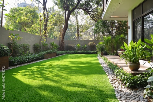 A modern house surrounded by lush greenery and a well maintained lawn in brig...