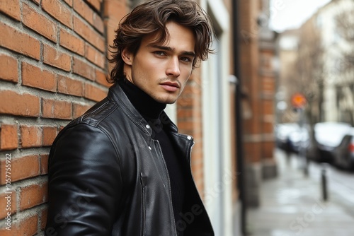 Young man in leather jacket walks through a bustling city street on a cloudy day