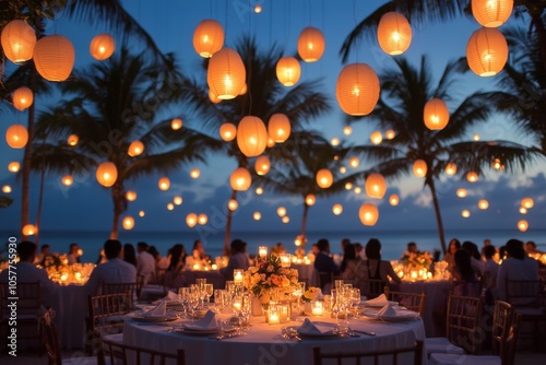 Elegant beachside dinner under glowing lanterns at sunset with palm trees and...