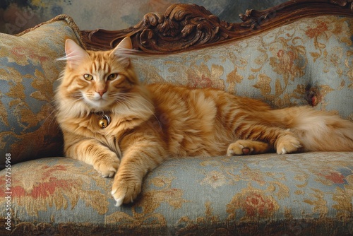 A relaxed orange cat lounging on a patterned couch in a cozy living room setting