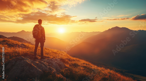 A man is standing on a hill with a backpack and looking at the sun