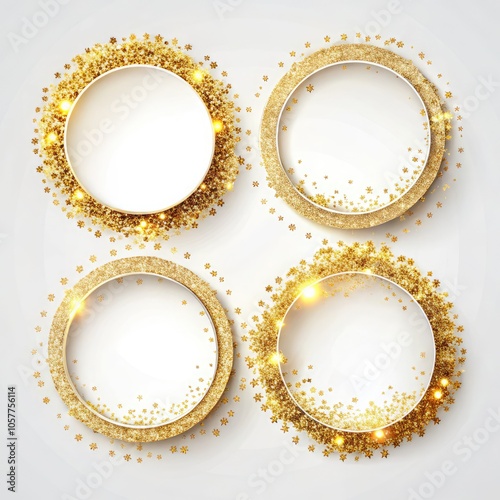 Shiny gold abstract round frames with sparkling embellishments for decor. Generative AI photo