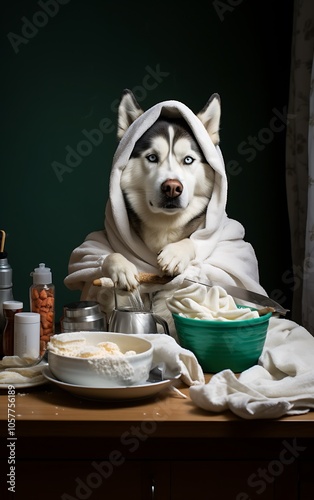 A husky dog wearing a white towel like a robe, intensely stares at the camera as it stands over a kitchen counter in a dark room, presumably preparing a meal. photo