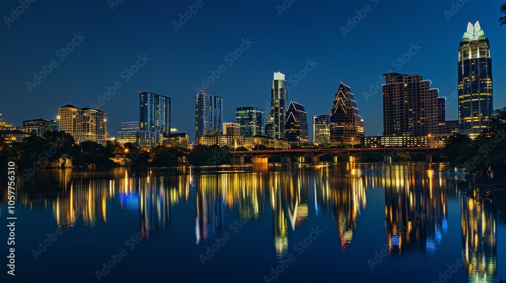 Obraz premium Evening panorama of Austin skyline with illuminated buildings