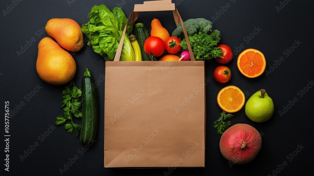 Brown paper bag filled with fresh fruits and vegetables on a dark background including pears, lettuce, zucchini, tomatoes, oranges, and broccoli.