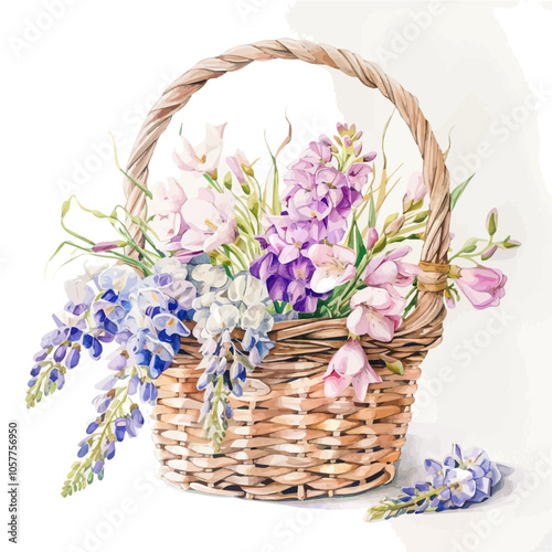 Watercolor vector of a basket of freesias flowers, isolated on a white background, and freesias vector