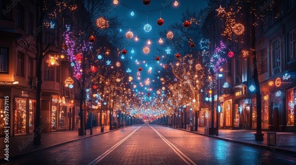 Festive city street illuminated with colorful Christmas lights, sparkling decorations on buildings, clean background--C100 Festive city street illuminated with colorful Christmas lights, sparkling decorations on buildings, clean background--C100