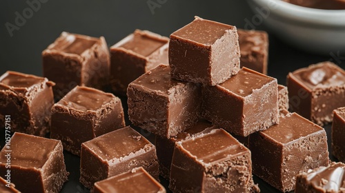 Close-up of homemade chocolate fudge squares arranged on a black background.