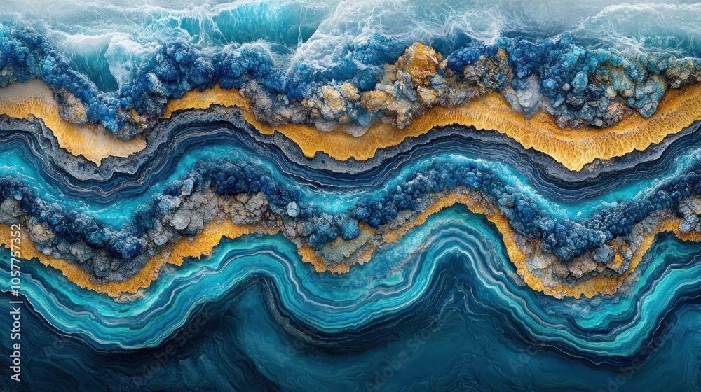 Fototapeta premium Abstract blue and gold agate with wavy patterns and crystal inclusions.