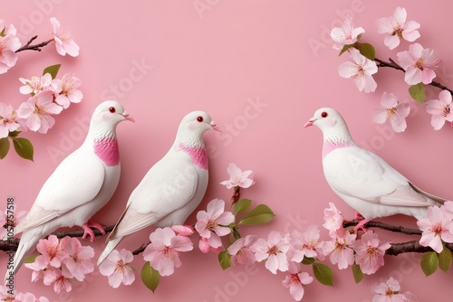 Abstract mural wallpaper: Pigeons, birds, sakura flowers, pastel color palette  photo