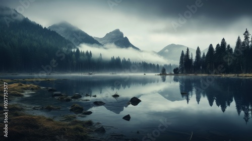 Foggy lake with mountain reflections, peaceful scene, early morning fog