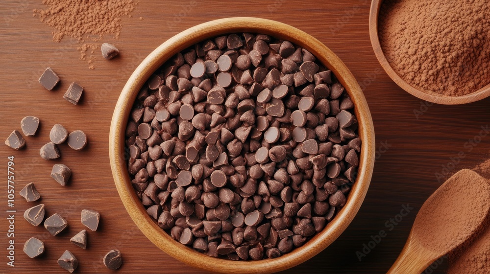 Aerial Chocolate Cake Scene with Cocoa, Chips, Tools; Warm Palette Aerial Chocolate Cake Scene with Cocoa, Chips, Tools; Warm Palette