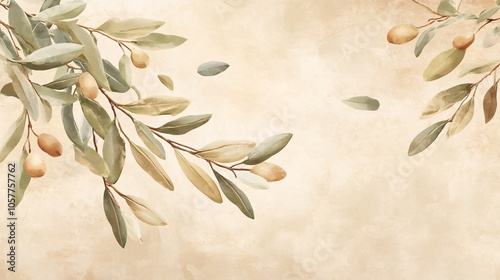 Olive branch in soft brush strokes, isolated on a muted tan background, surrounded by falling leaves