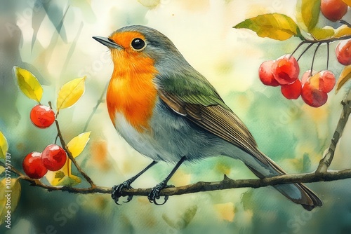 A colorful bird perched on a branch with berries, showcasing nature's beauty.